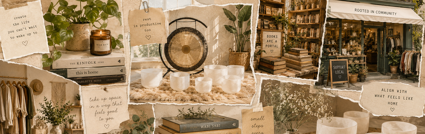 Collage of crystal singing bowls, books, plants, and independent boutiques representing sound baths and small business wellness experiences.