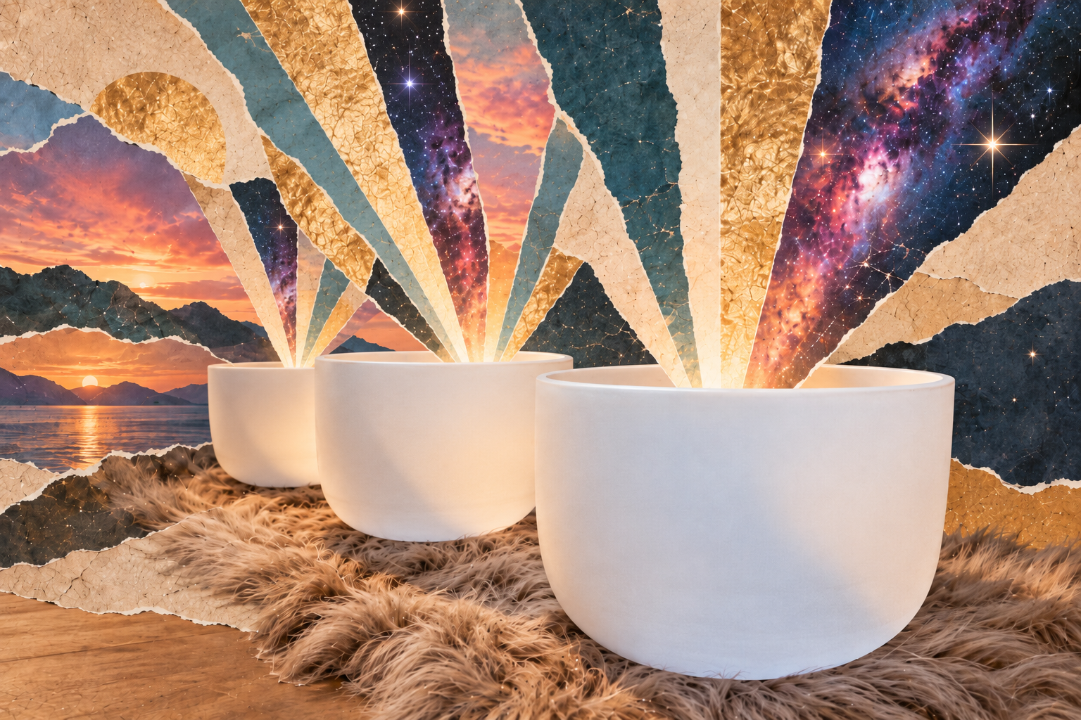 Crystal singing bowls in a colorful cosmic paper collage, with torn-paper rays rising from each bowl in a textured sound bath inspired composition.