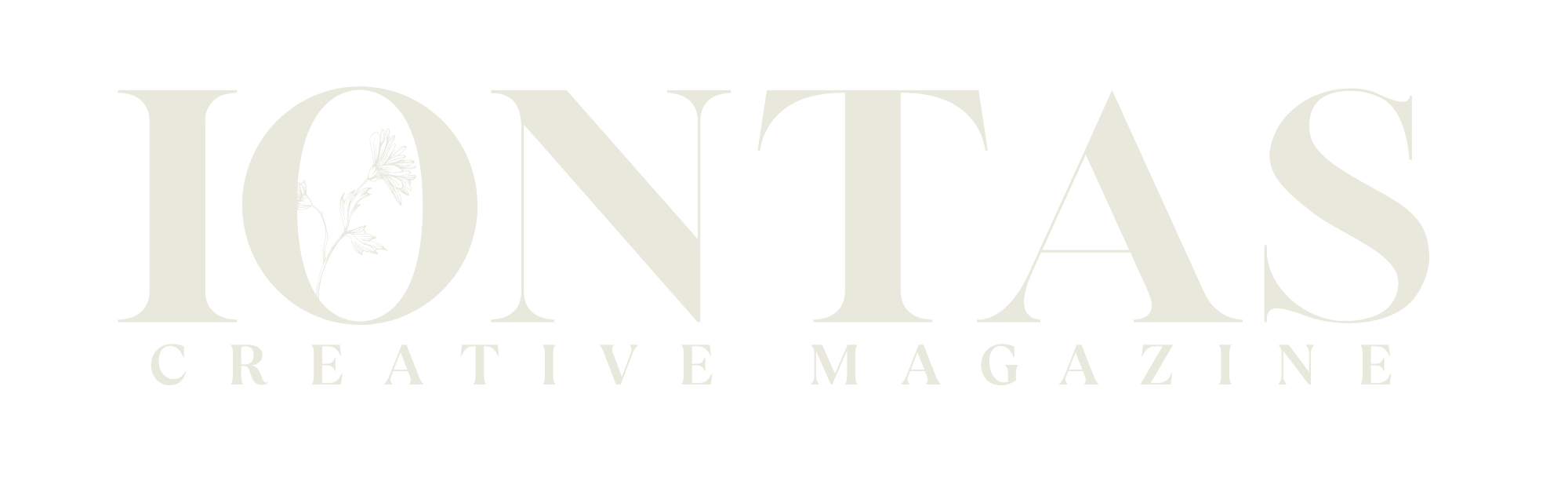 Logo of IONTA'S Creative Magazine with a black background, large cream letters, and a flower illustration inside the letter 'O'.