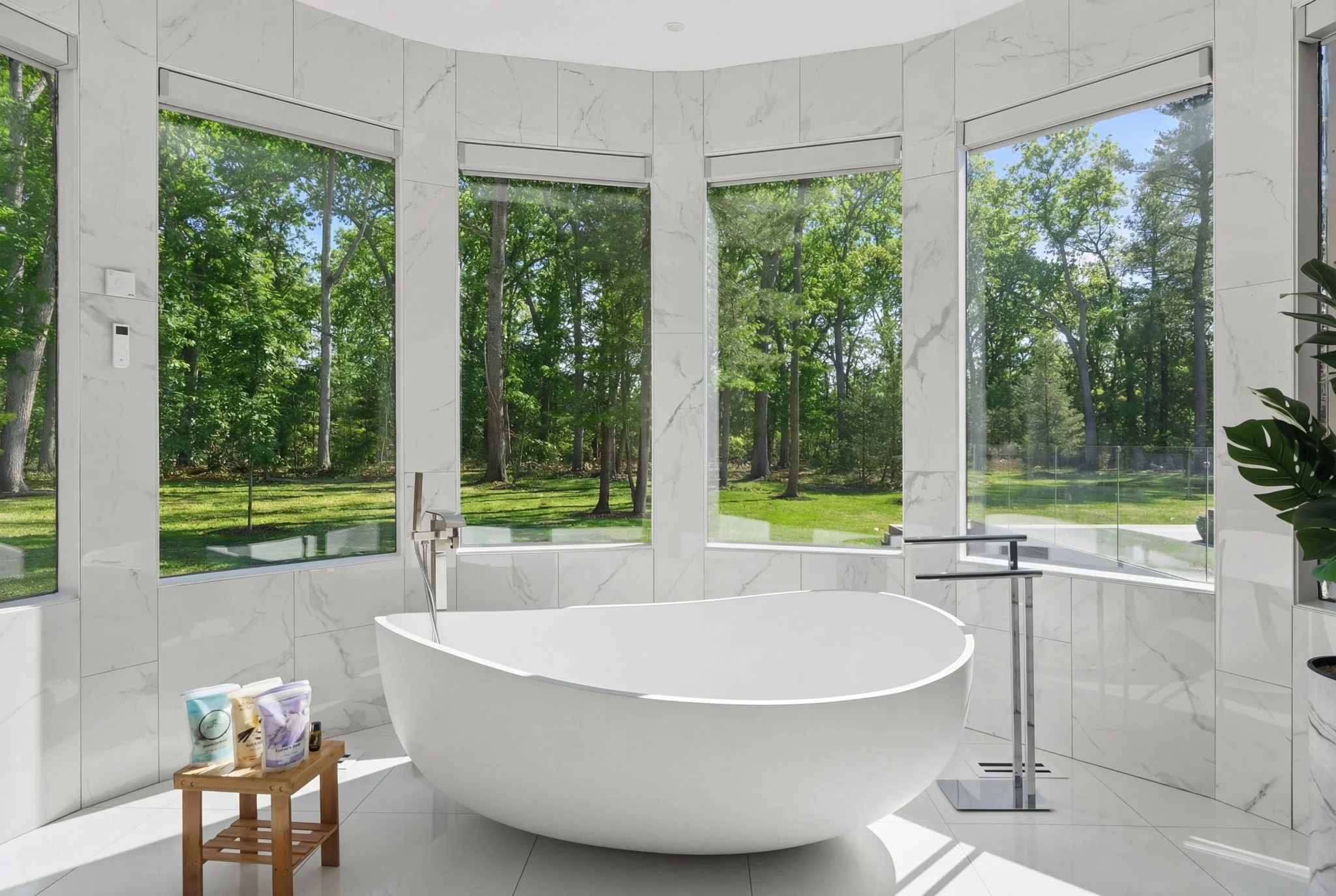 Modern bathroom with a white freestanding bathtub and large windows with a view of a green forest outside.