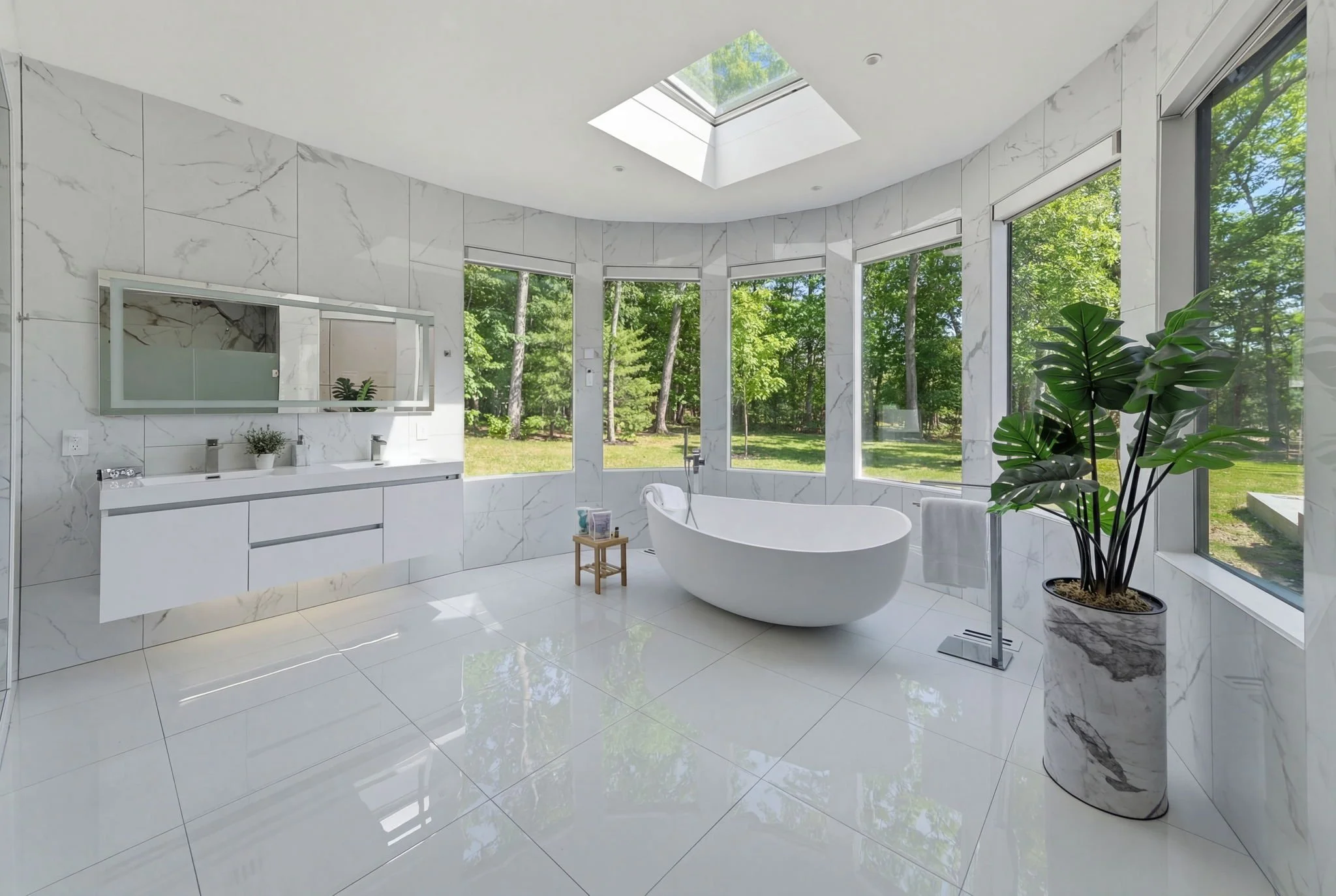 Modern bathroom with white marble walls and floors, a freestanding bathtub, large windows overlooking green trees, a large potted plant, and a skylight.