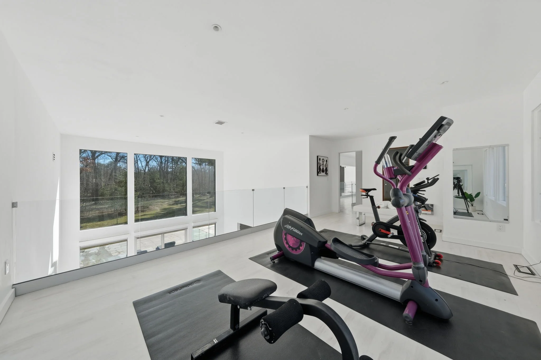Modern home gym with exercise bike, treadmill, and weight bench on black mats, large window showing outdoor trees, white walls, and minimalistic decor.