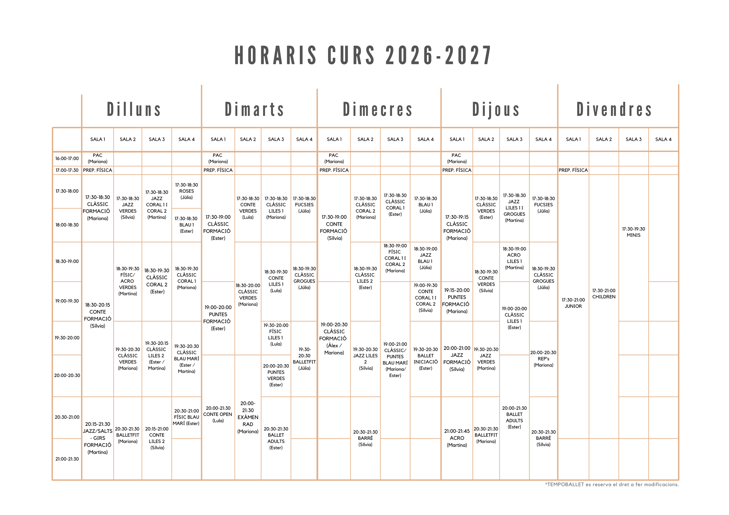 Horario del curso 2026-2027, organizado en una tabla con días de la semana (lunes a viernes) y horarios, clases en diferentes salas y actividades como ballet, jazz, clásico, zumba y entrenamiento físico, con nombres de instructores y horarios específicos.