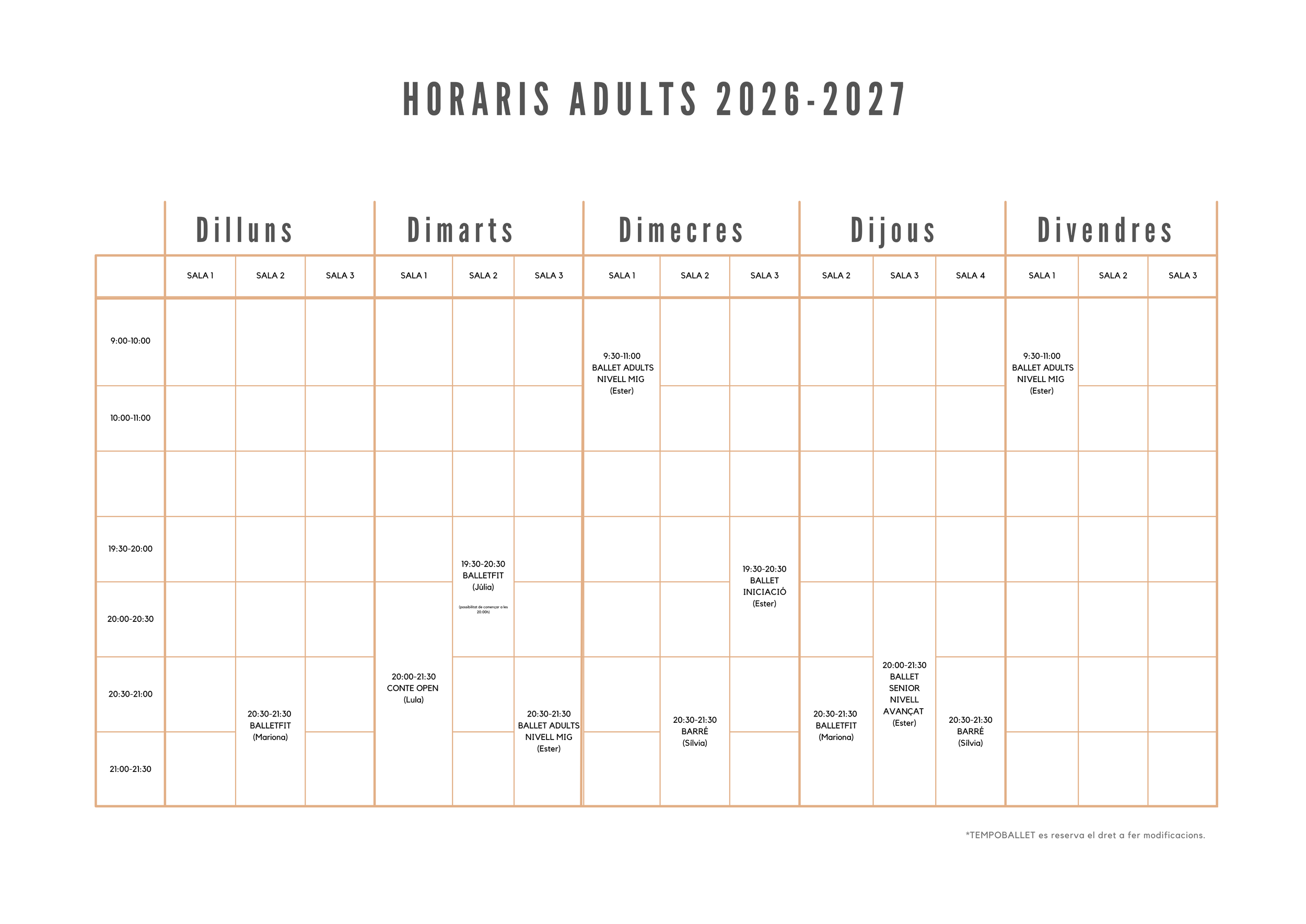 Horario de clases para adultos 2026-2027, con días de la semana en catalán y horarios con diferentes actividades y clases en varias salas, incluyendo ballet, contes, y barré, con nombres de instructores y horarios específicos en una tabla.