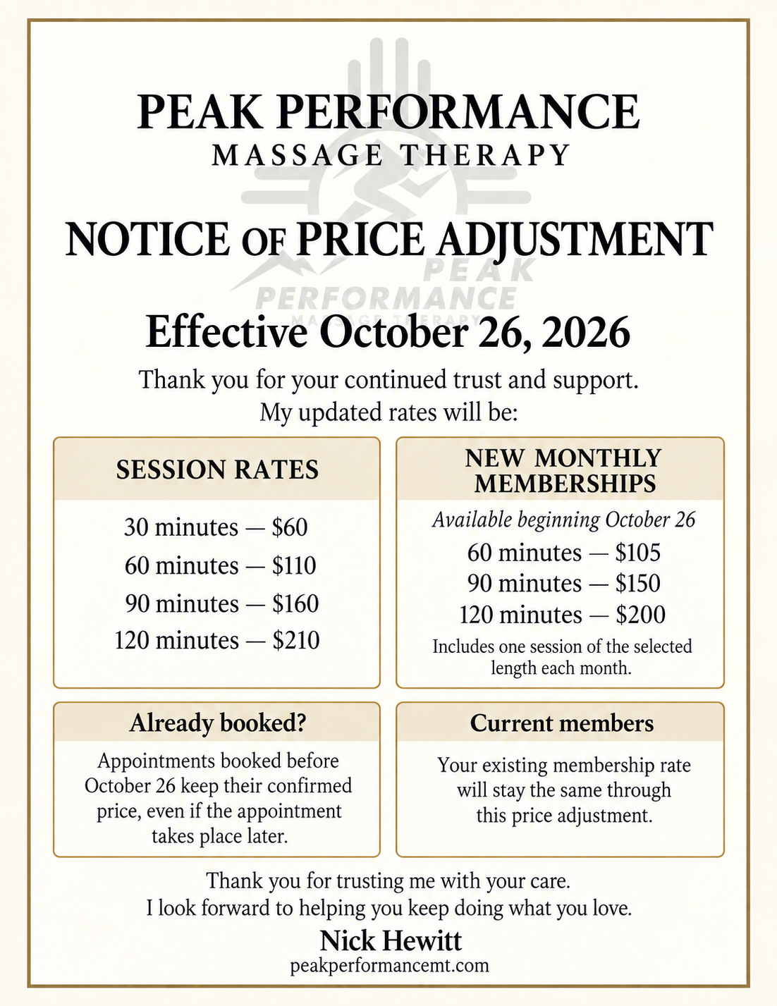 A notice of price change, effective October 26th, 2026. It details the increased rates, as noted in the email sent to existing members.