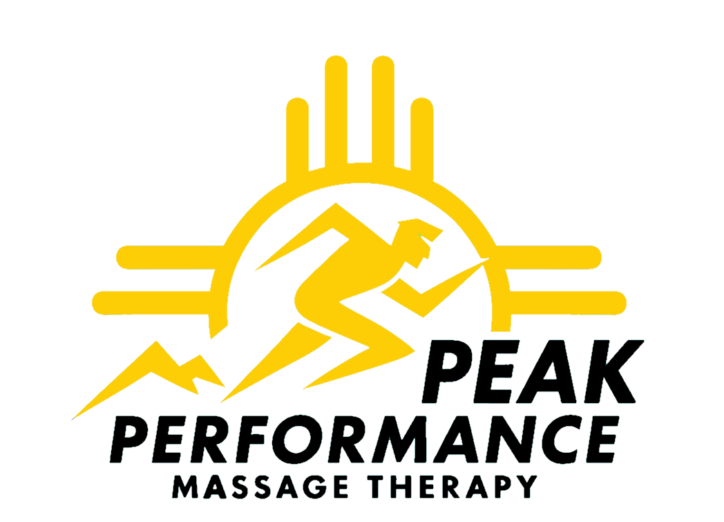 An image of a man running, and lightning shooting out of his legs, which becomes a mountain. The text reads, "Peak Performance Massage Therapy"