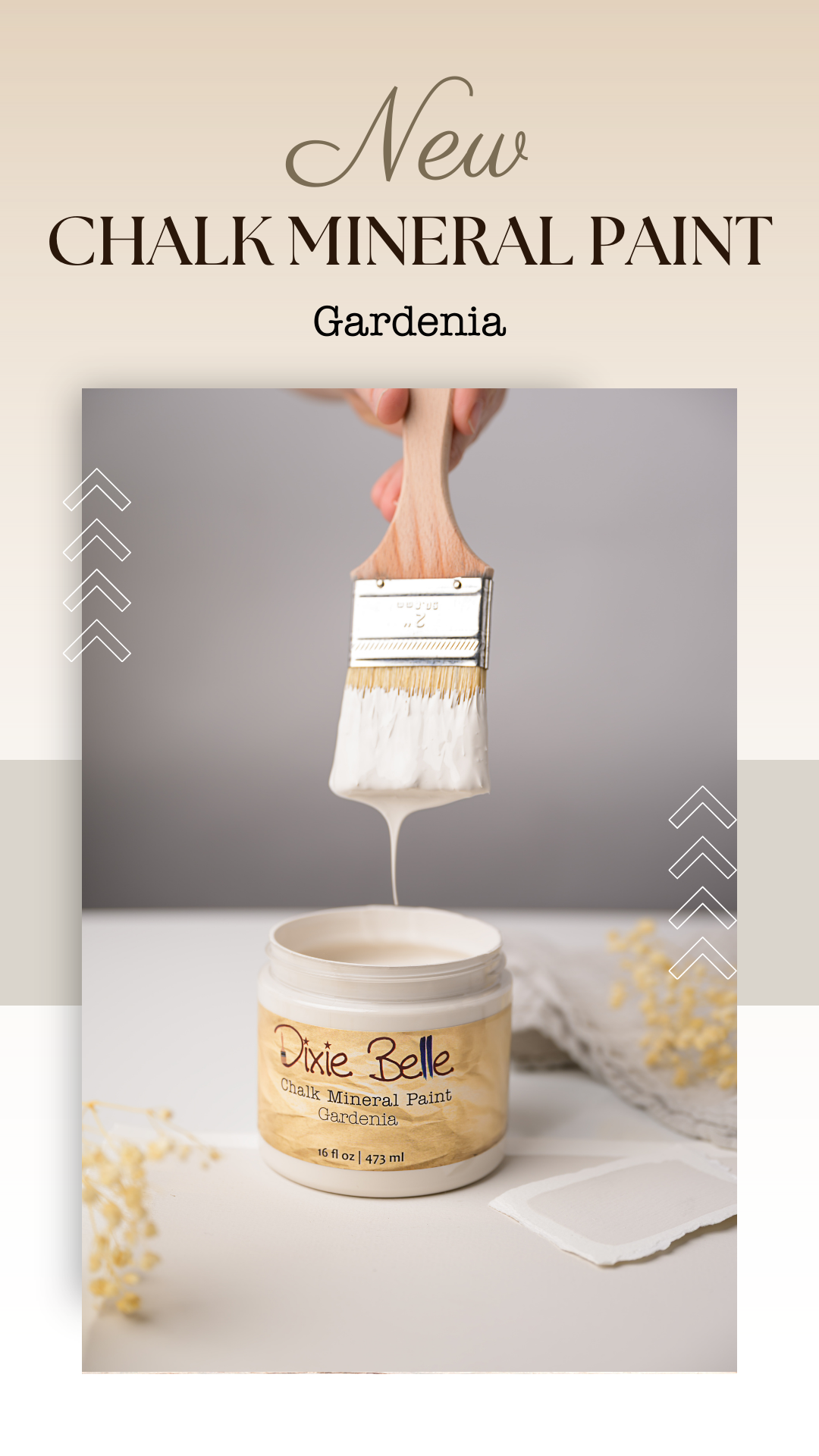 A jar of Dixie Belle chalk mineral paint in gardenia color with a paintbrush dipped in paint, shown dropping white paint into the jar.