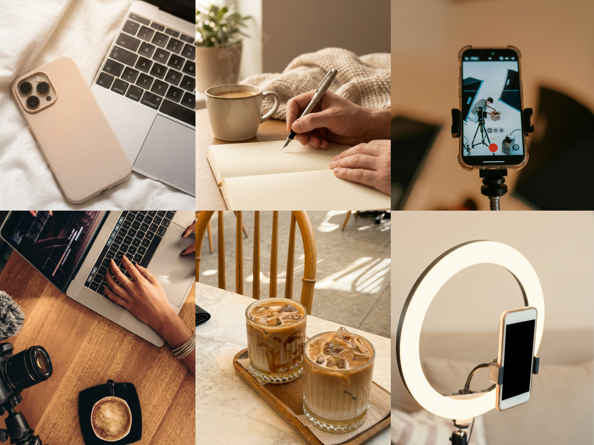 Collage of images featuring technology gadgets including a smartphone with a triple camera, a laptop, a camera lens, a person writing in a notebook with a cup of coffee, a tripod with a smartphone recording, iced coffee drinks, and a ring light with a smartphone mounted on it.