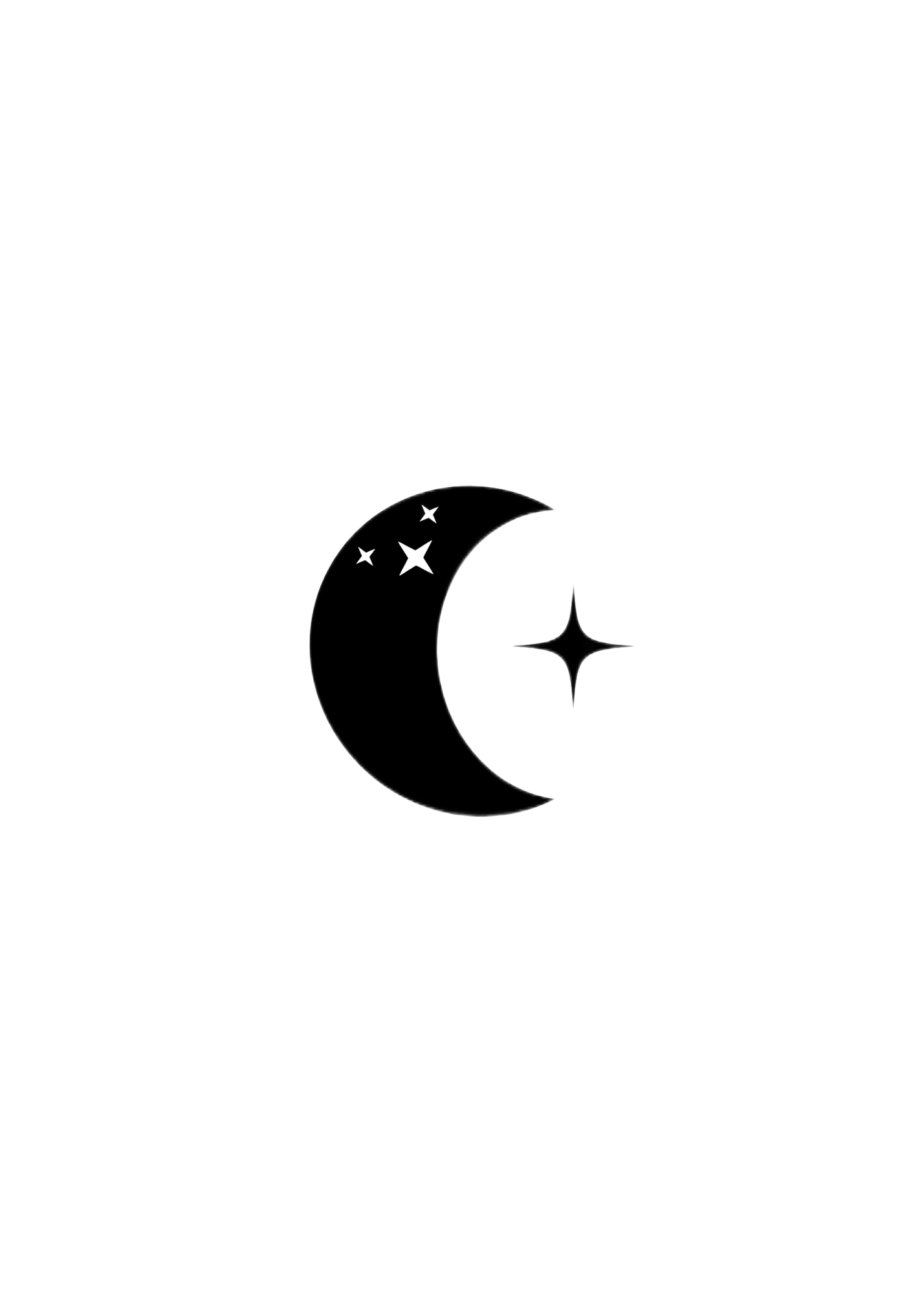 A stylized black and white illustration of a night sky with a crescent moon and stars. A white rectangular shape overlaps part of the moon, creating a celestial theme.