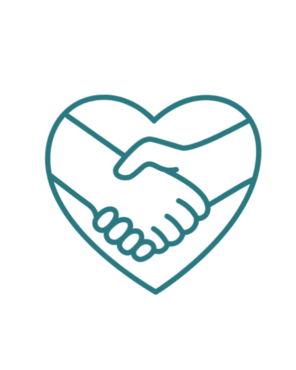 Outline of two hands shaking inside a heart shape.