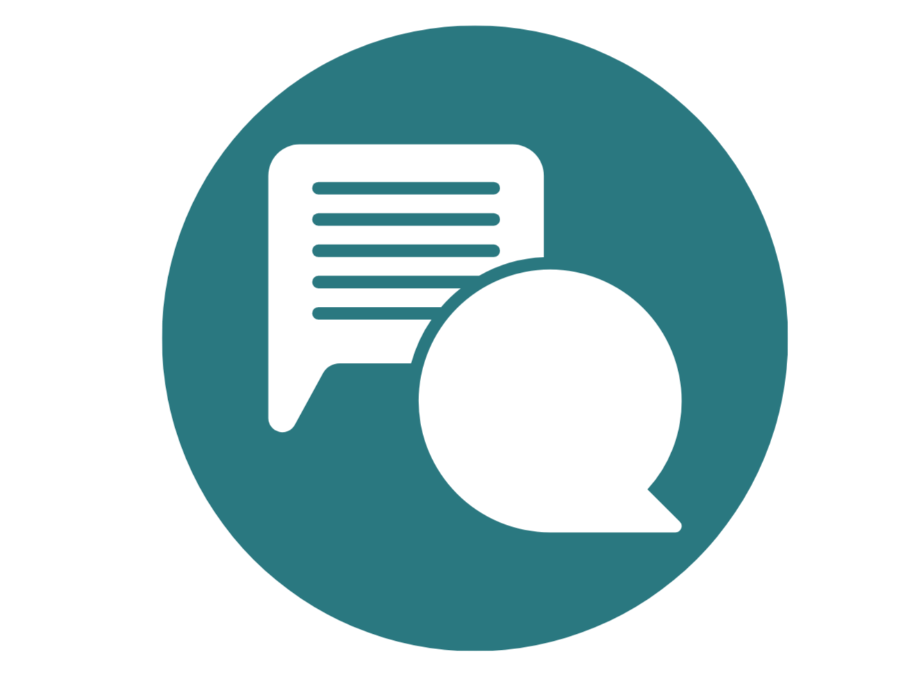 Icon of a speech bubble overlapping a magnifying glass, representing communication or search.