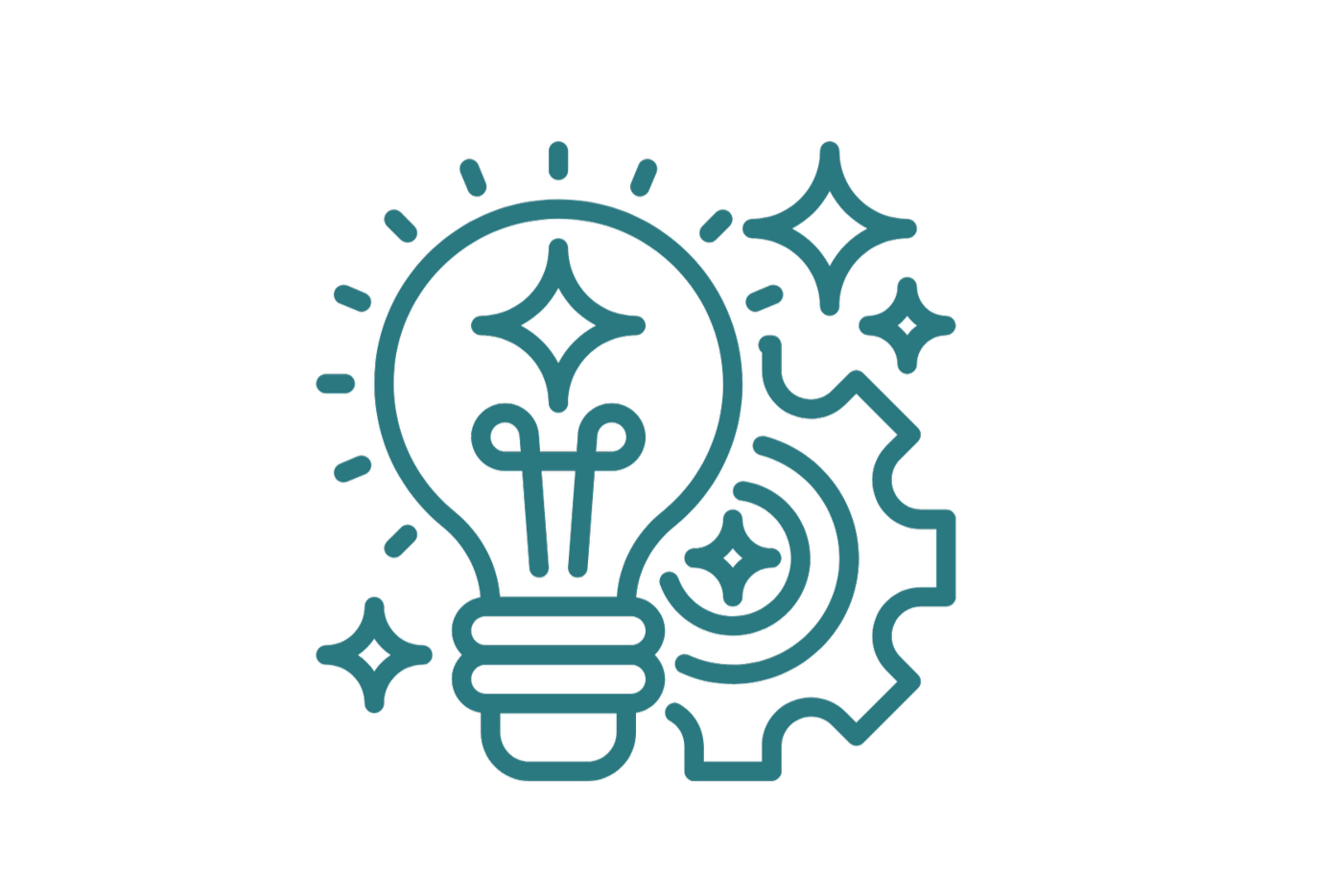 Line drawing of a light bulb surrounded by sparkles and gears, symbolizing innovation and ideas.