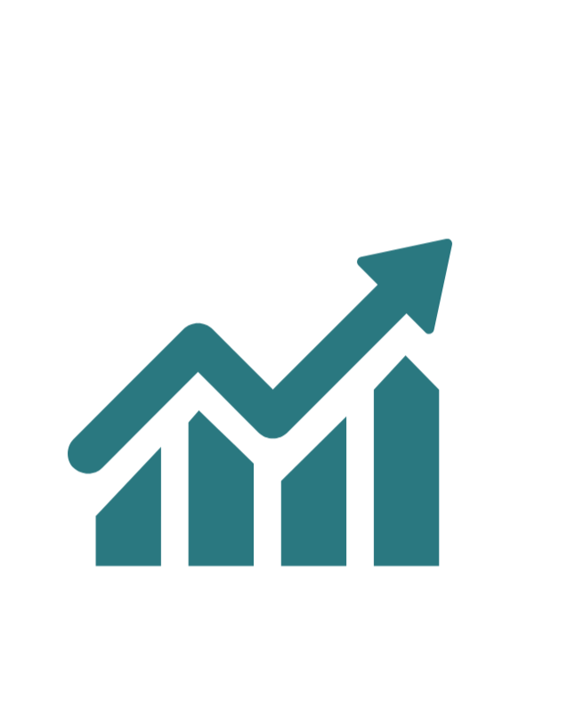 A bar graph with ascending height bars and an upward trending arrow, representing growth or progress.