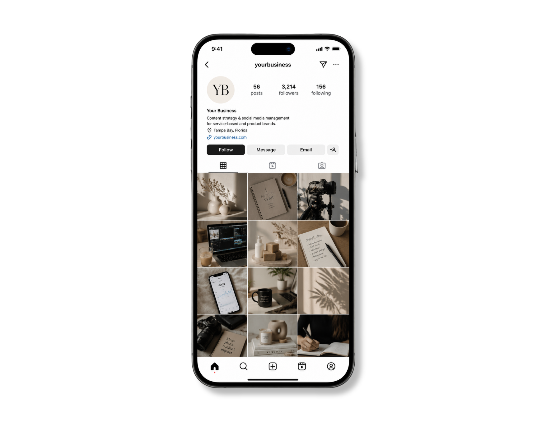 Instagram profile page of a business called 'Your Business' showing 56 posts, 3,214 followers, and 156 following with a grid of various images including vases, notebooks, camera, computer, plants, and a coffee mug.