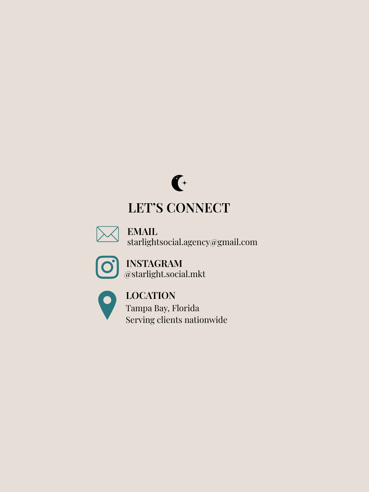Contact information graphic with icons for email, Instagram, and location, including the email address 'starlightsocial.agency@gmail.com', Instagram handle '@starlight.social.mkt', and location in Tampa Bay, Florida.