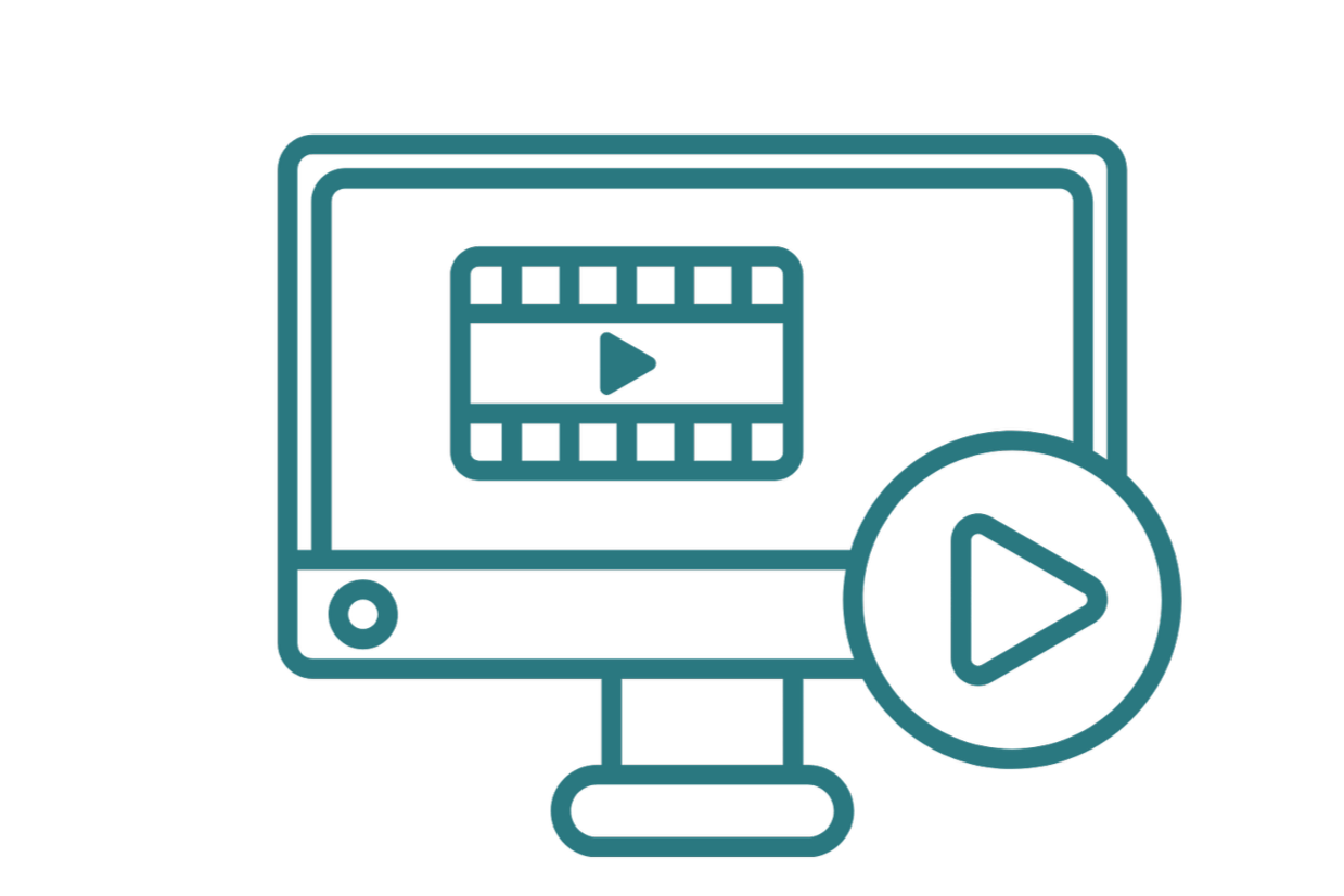 Line drawing of a computer monitor with a video player icon on the screen and a large play button in front of it.