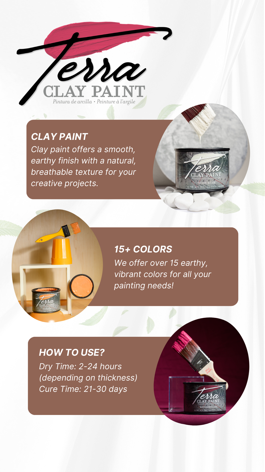 Product label for Terra Clay Paint featuring information about its smooth, earthy finish, 15+ vibrant colors, application instructions, drying, and curing times.
