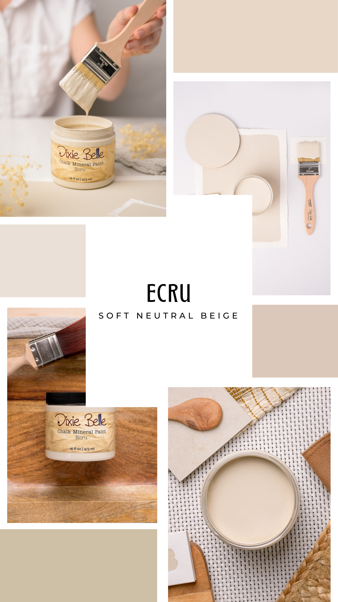 Collage of neutral beige paint and painting supplies, including a paintbrush, paint cans, and color samples, with a central text that reads 'ECRU, Soft Neutral Beige.'