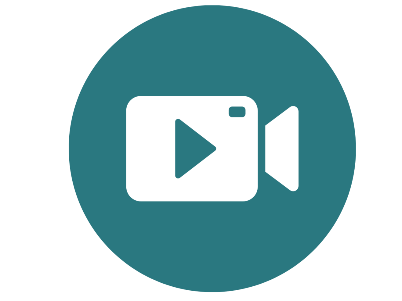 Icon of a video camera with a play button in the center, set against a teal circle background.