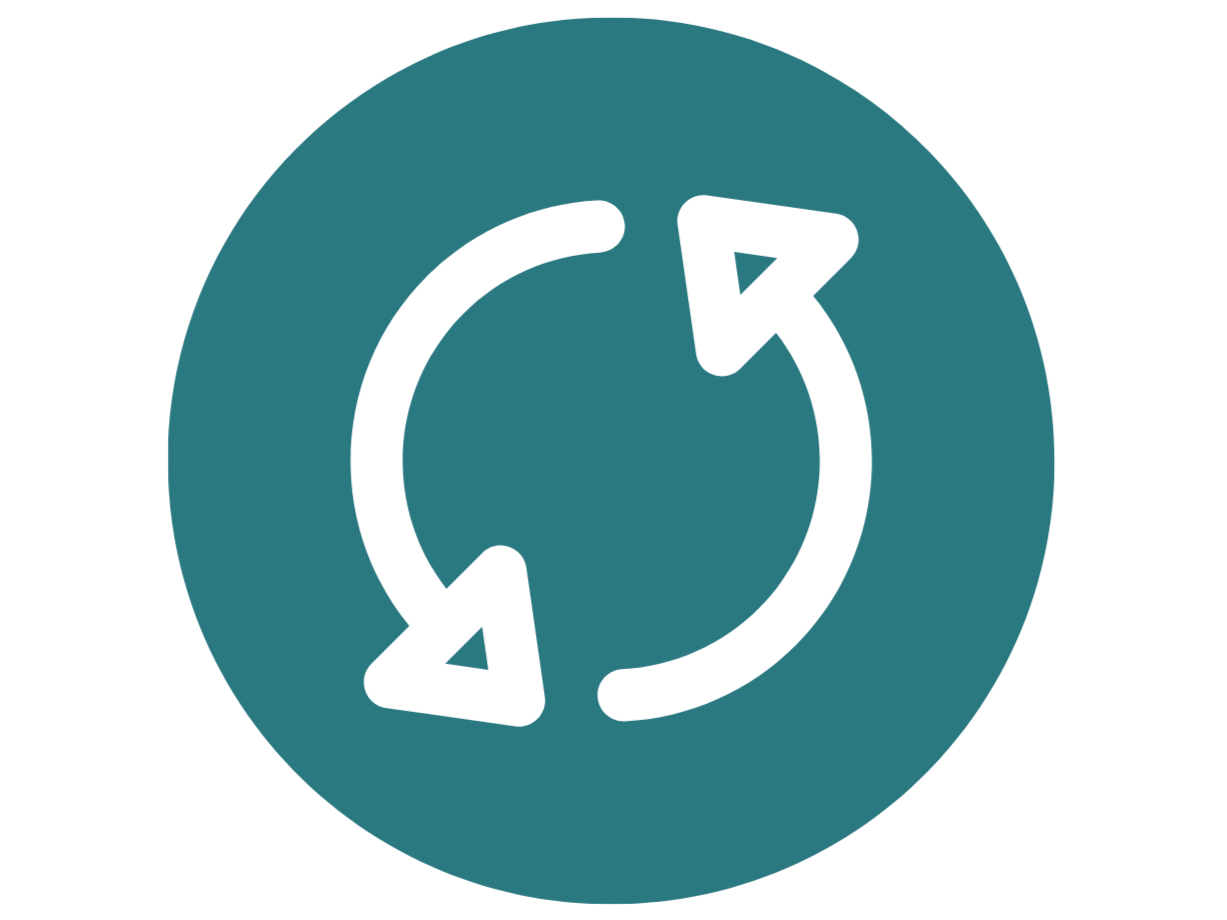 Icon of two circular arrows forming a cycle, with a teal background.