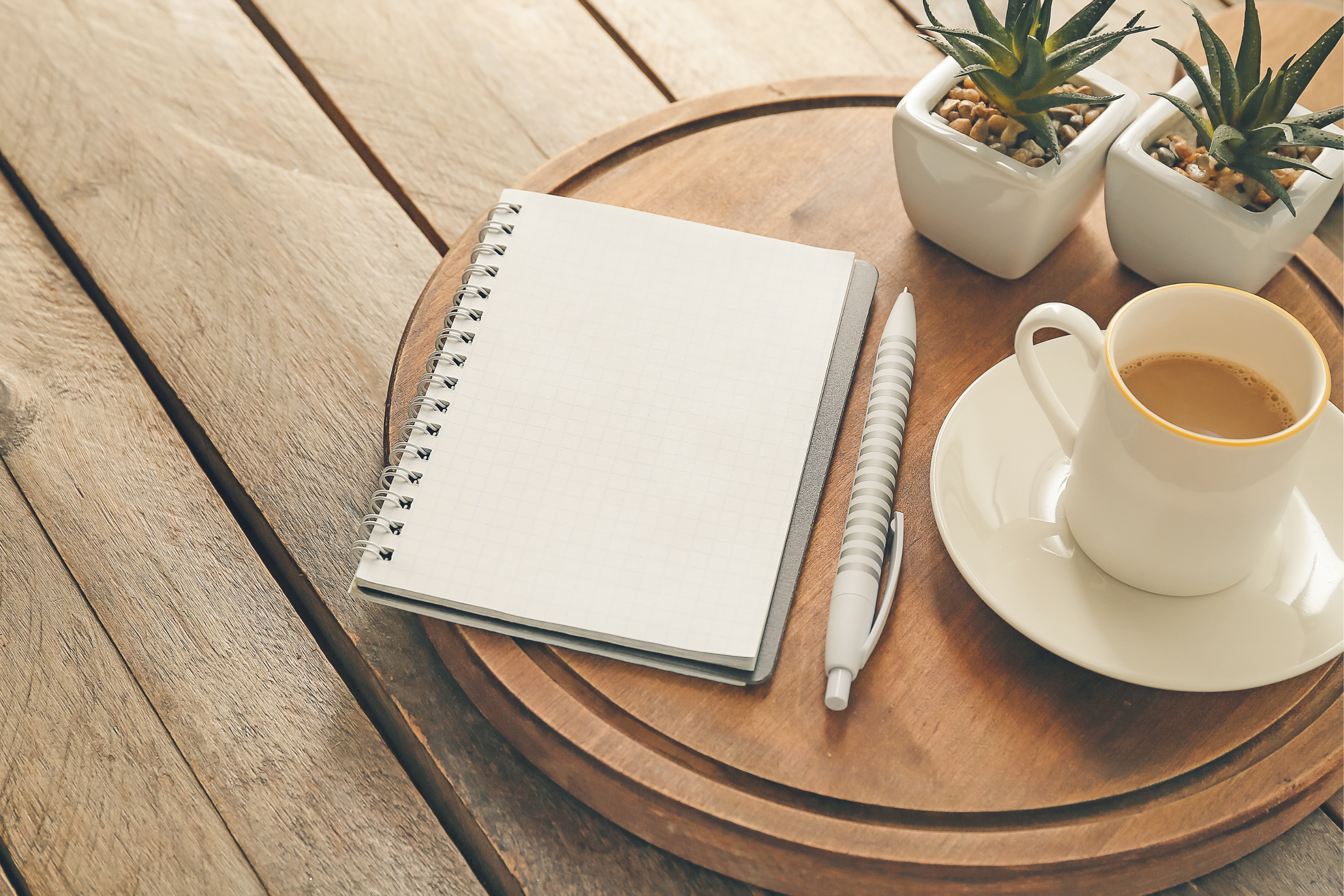 A wooden table with a spiral notebook, a white pen, a white coffee cup with coffee, and two small potted succulents in white square pots.