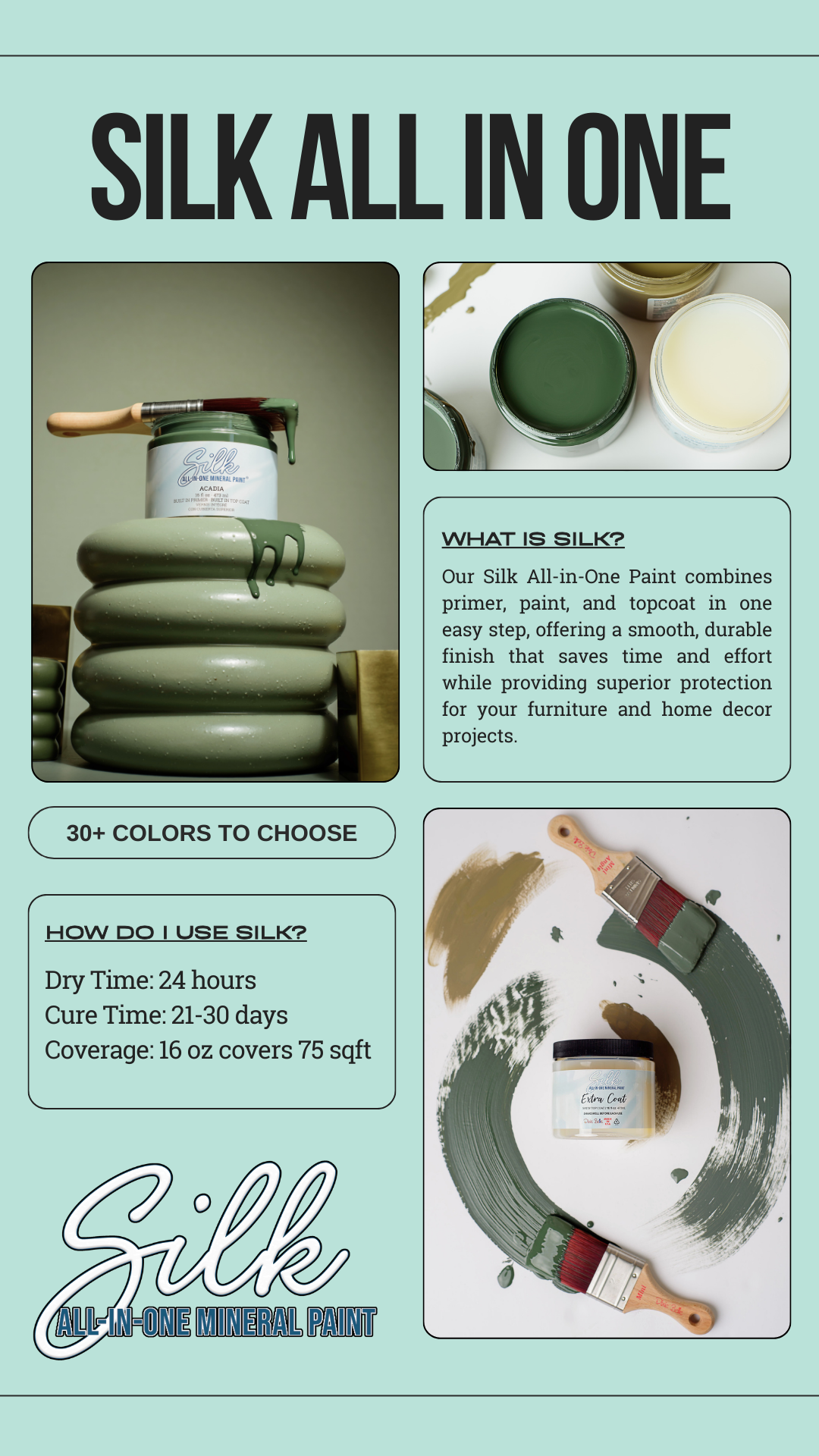 Promotional poster for Silk All-in-One Mineral Paint featuring various paint colors, brushes, and a container of paint. Includes product details, usage instructions, and color options.
