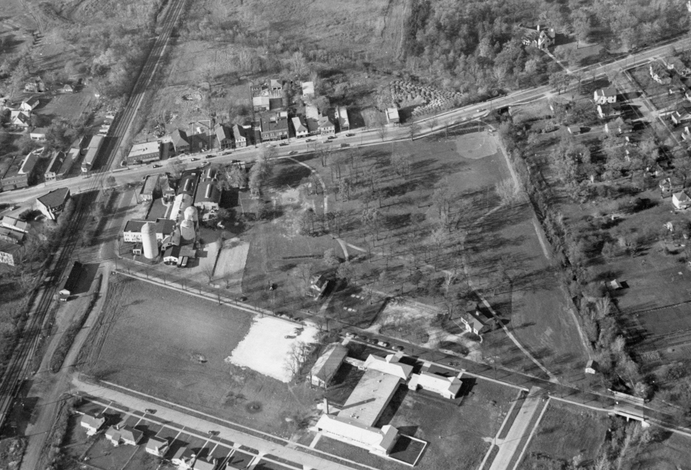 Aerial view of Village Green in 1950