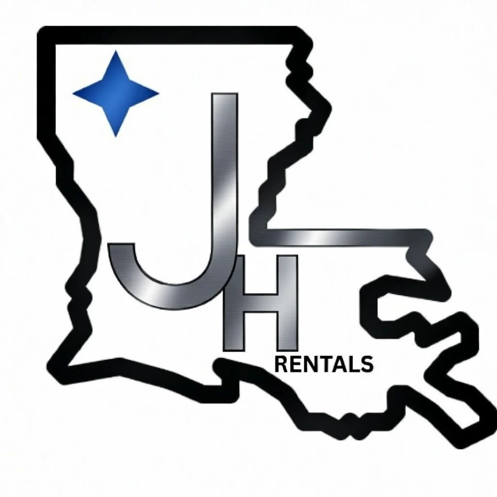 Outline map of Louisiana with the letters J and H in metallic style, a blue star in the top left area, and the word RENTALS at the bottom right.