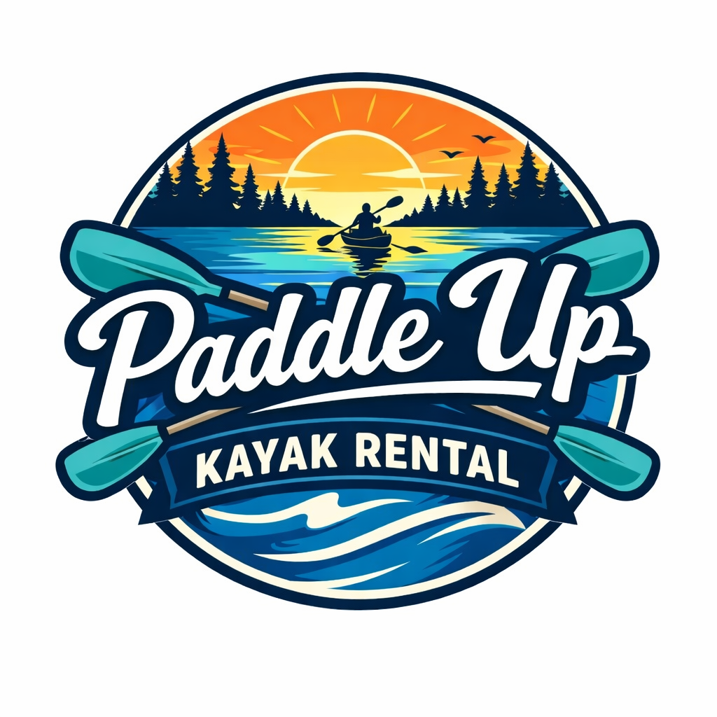 A logo for Paddle Up Kayak Rental featuring a sunset over a lake with a person kayaking, surrounded by trees and birds, with paddles and stylized water waves.