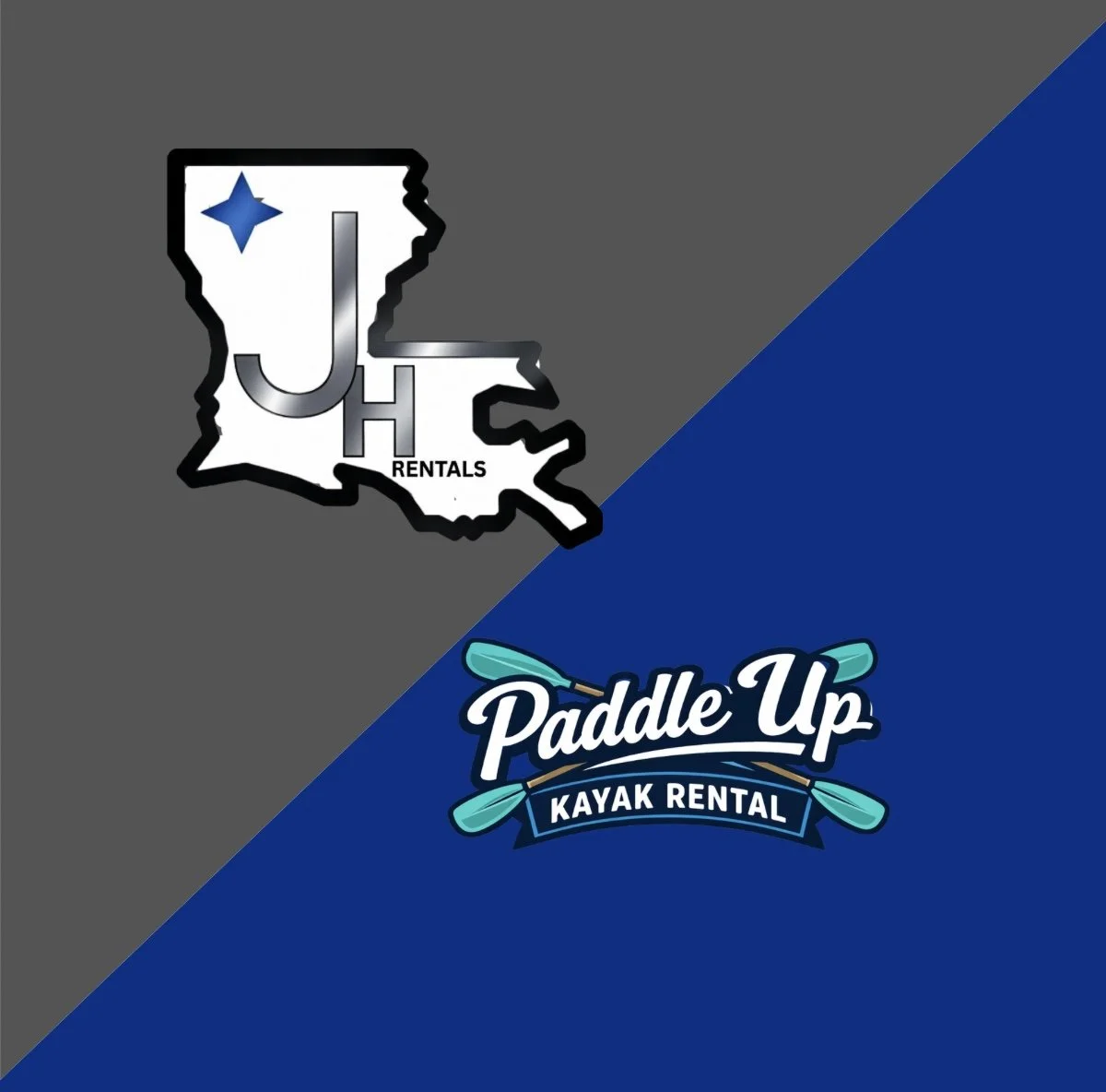 A graphic design featuring the outline of Louisiana with a star in the Northwest corner and the words 'JH Rentals' inside, alongside a logo for 'Paddle Up Kayak Rental' with crossed paddles.