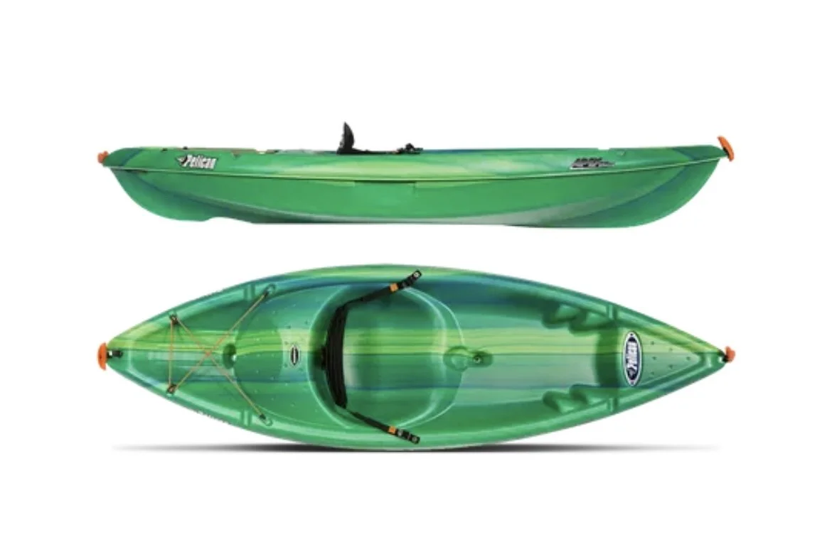 Green kayak with black handle and orange accents, shown from side and top views.