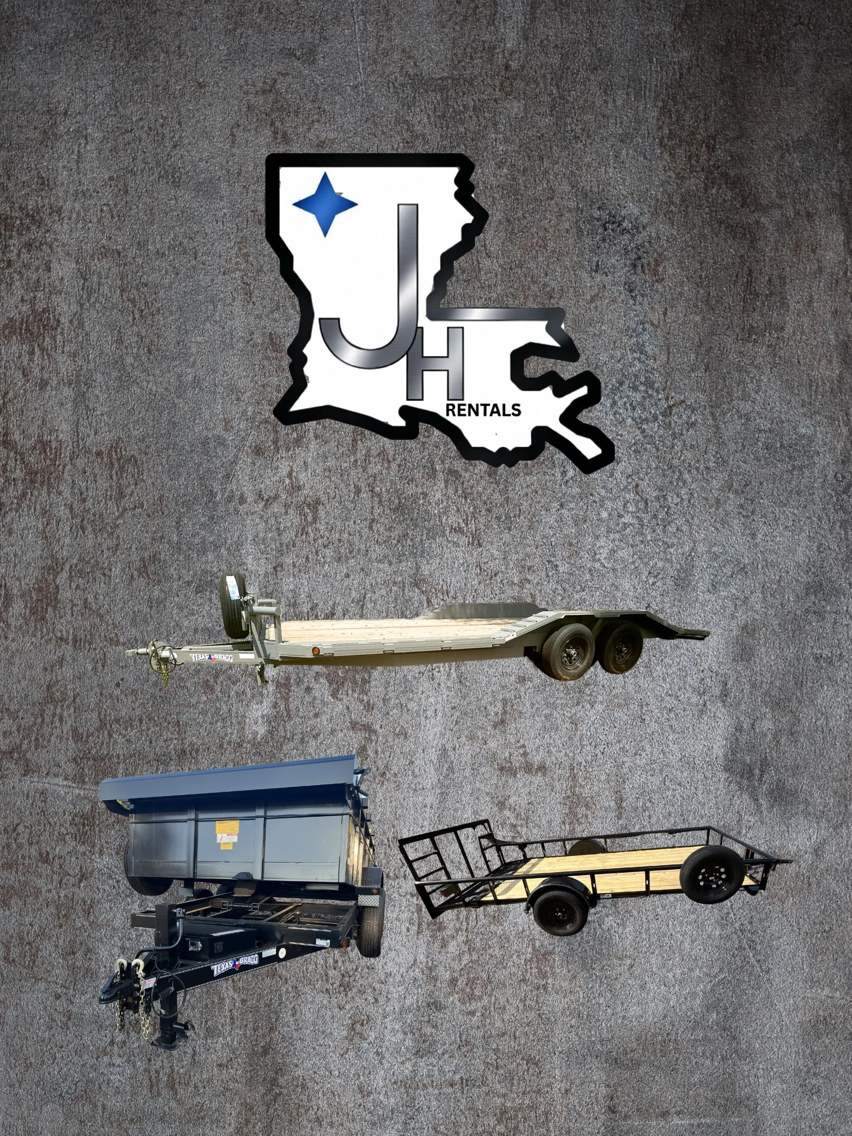 A wall with a logo that says 'JHC Rentals' and features the outline of the state of Louisiana with a blue star. Below are three flatbed trailers of different sizes and styles.