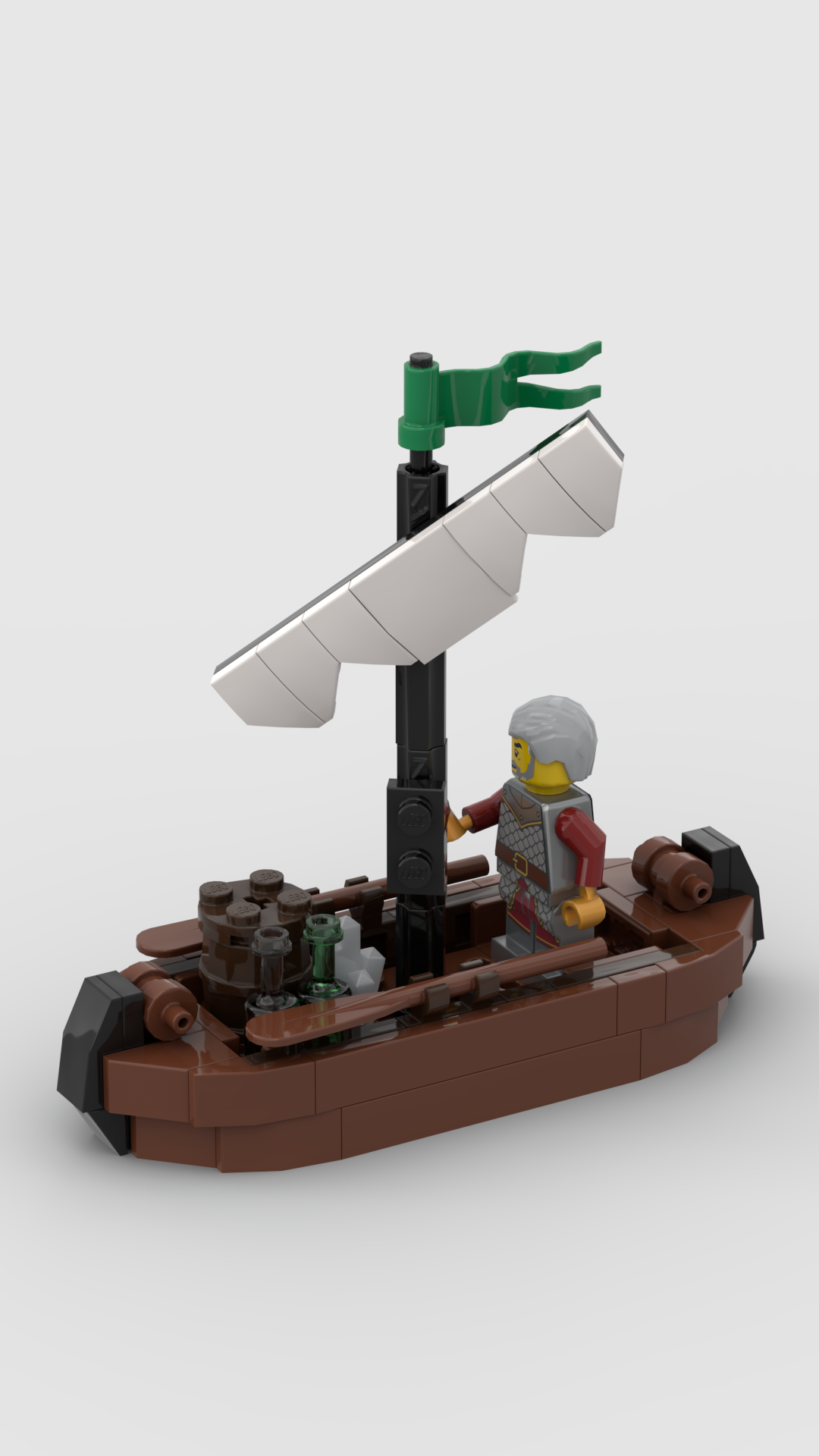 Boat model that can detach from the vignette. The vignette comes with a compartment hidden in the rock formations that houses an alternate, opened sail for the boat.