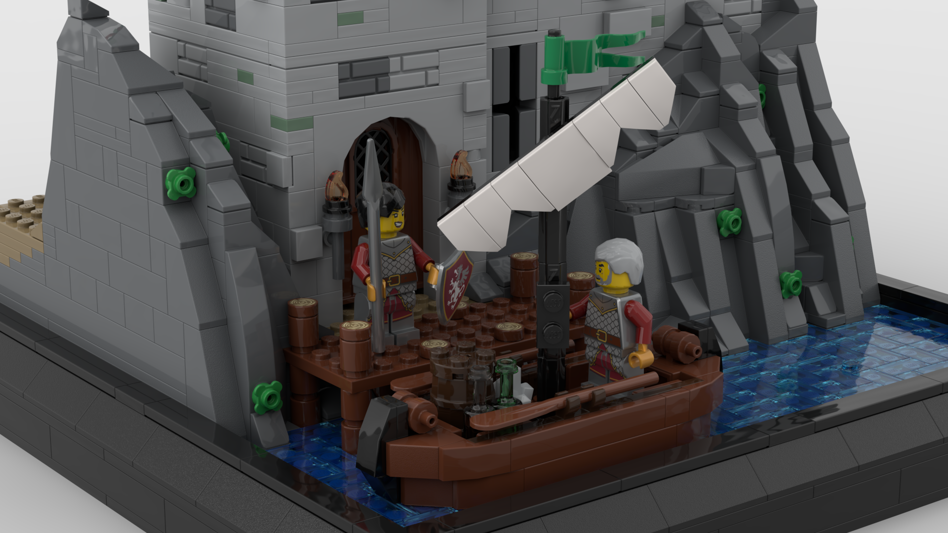 The water section of the vignette is mostly tile pieces, but features two 1x1 stud pieces to allow the boat to be positioned in different places.