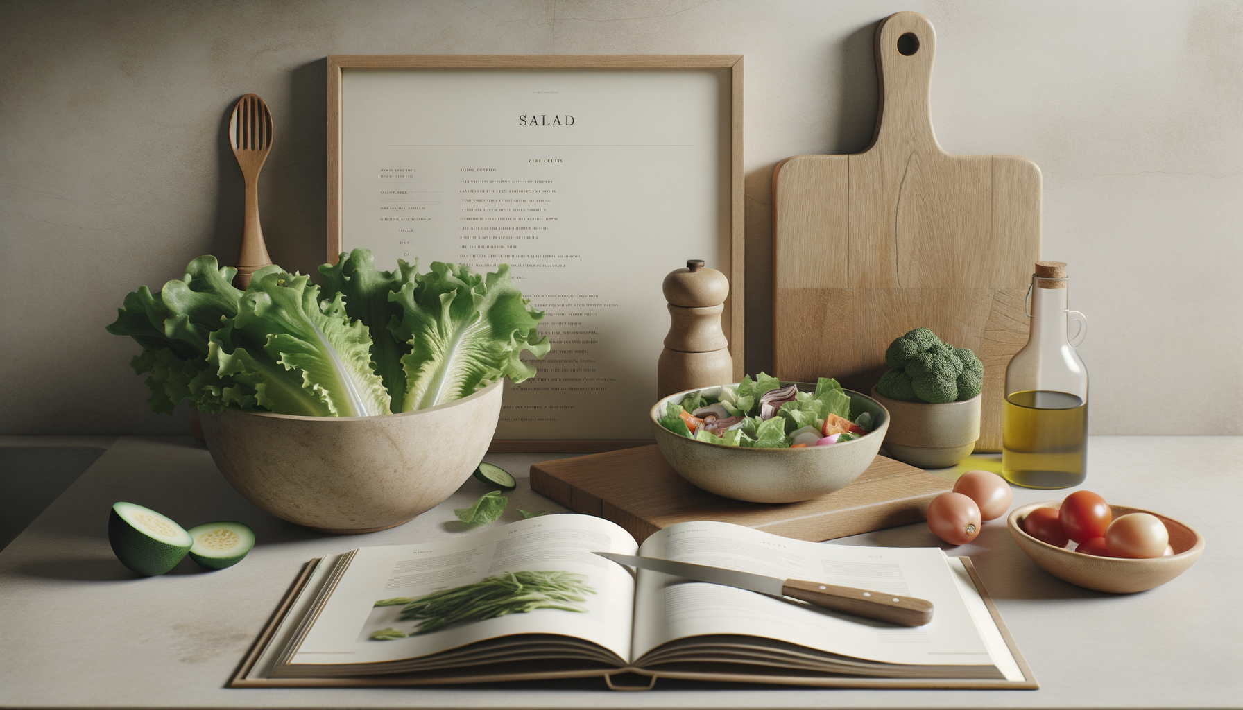 A kitchen countertop with fresh vegetables, a salad bowl, cutting board, knife, cookbook, oil bottle, and framed menu, all arranged neatly in a natural, minimalist style.