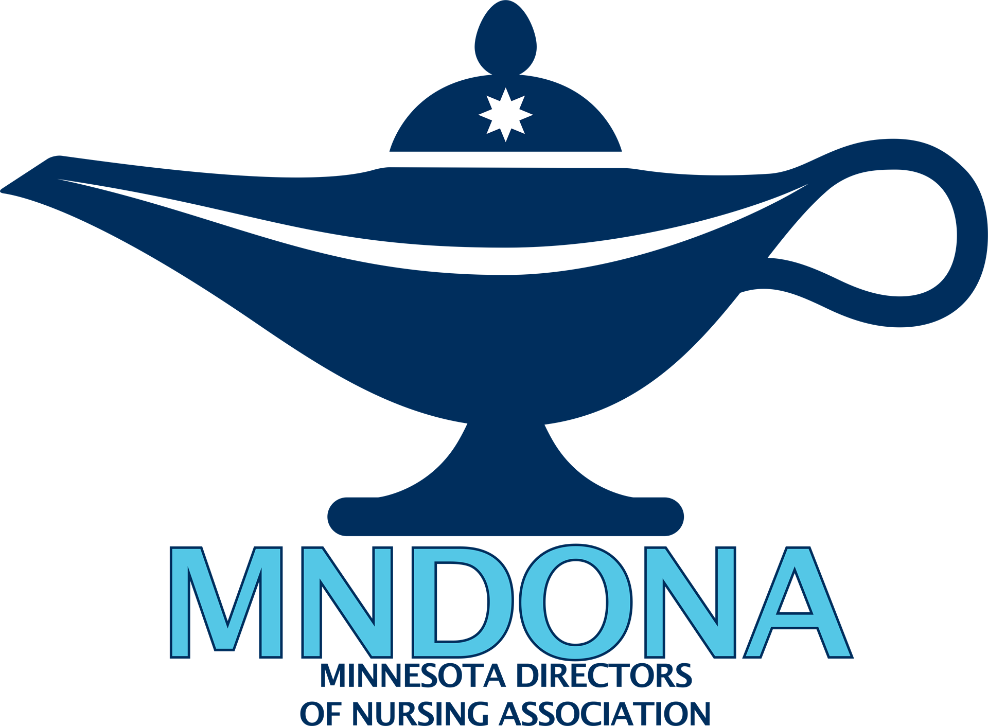 Meridian Healthcare Strategies partner's logo of Minnesota Directors of Nursing Association featuring a blue stylized lamp with a white starburst in the center and the text 'MNDOA' and 'Minnesota Directors of Nursing Association'