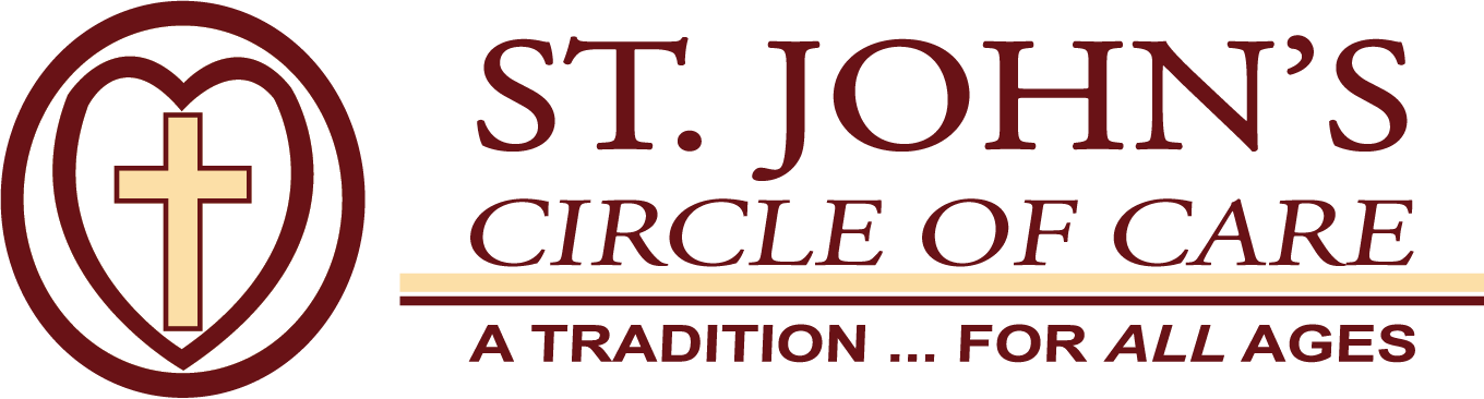 Meridian Healthcare Strategies partner's logo for St. John's Circle of Care, featuring a gold cross inside a stylized heart with multiple concentric circles, and text that reads 'St. John's Circle of Care' and 'A Tradition... For All Ages'.