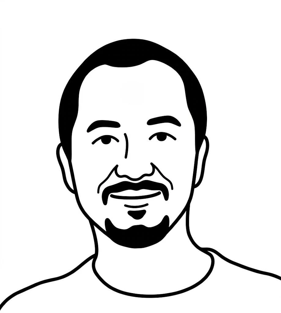 Black and white line drawing of a man with short hair, a beard, and mustache, smiling and wearing a round-neck shirt.