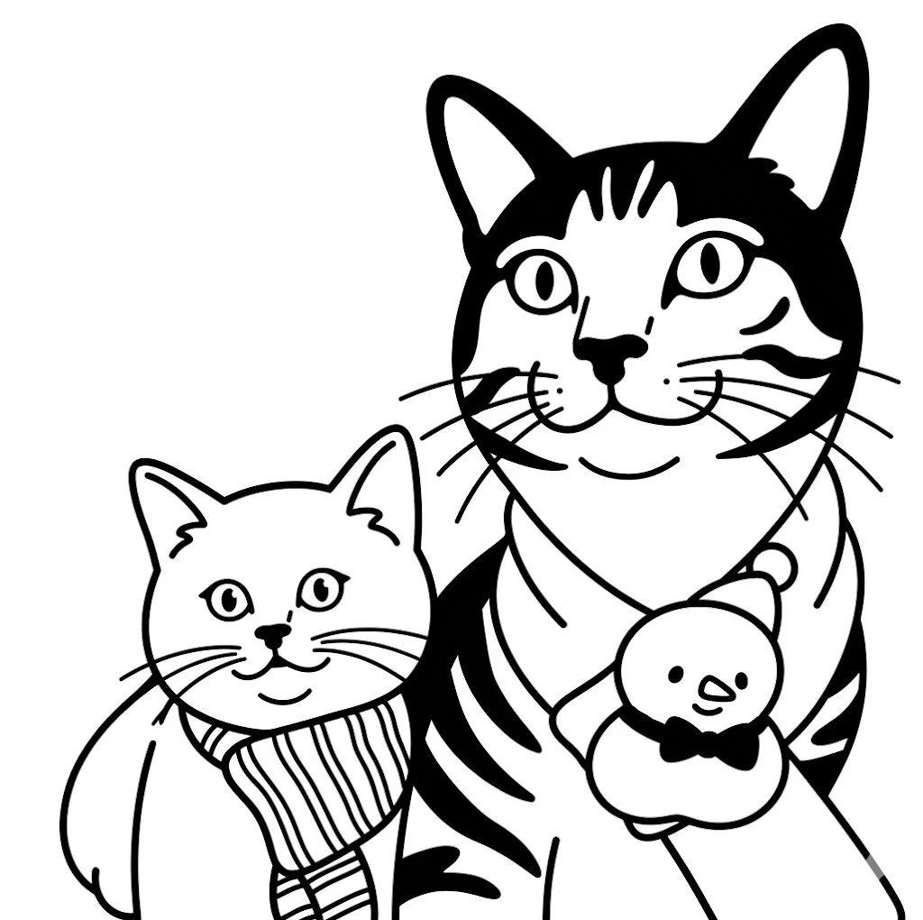 Black and white coloring page of two cats, one larger with a collar and a small plush toy, and a smaller cat with a scarf, both facing forward.