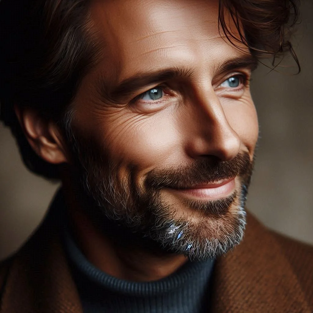 Close-up of a middle-aged man with blue eyes, brown hair, a beard with some gray, smiling softly, wearing a brown jacket and a dark turtleneck.