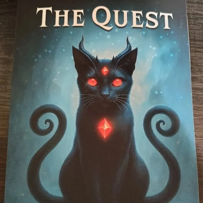 Book cover titled "The Quest" featuring a black cat with glowing red eyes, two small horns, and a glowing red gem on its forehead and chest, set against a blue cosmic background.