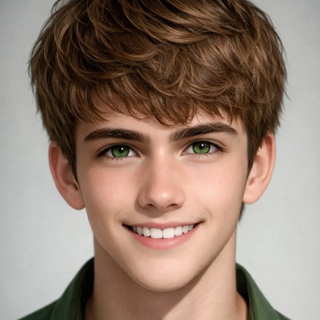 Close-up portrait of a young boy with light skin, bright green eyes, brown hair, and a gentle smile, wearing a dark green shirt.