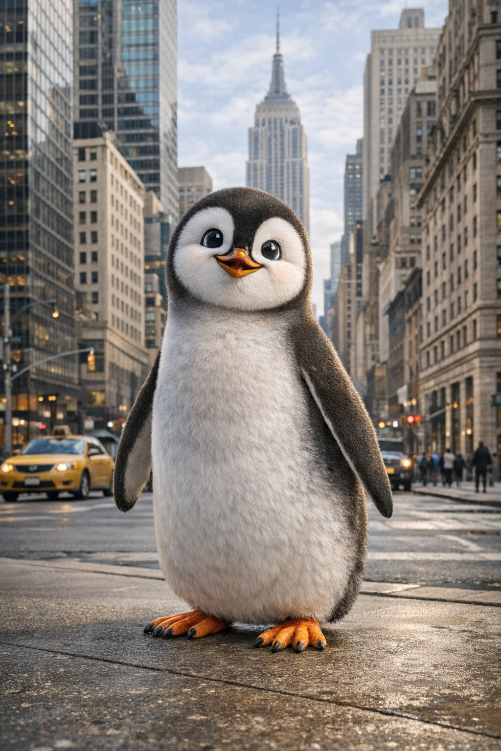 A cute penguin standing on a city street with tall skyscrapers and the Empire State Building in the background, during daytime.