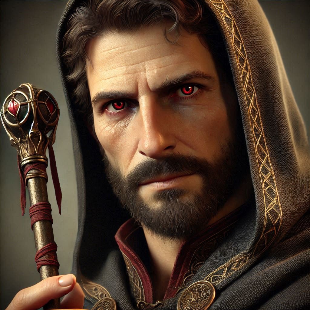 A man dressed as a wizard with a dark hooded cloak with golden embroidery, holding a staff with a decorated top, and glowing red eyes.