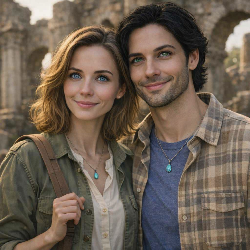 A smiling young woman and man standing close together outdoors in front of ancient ruins, both wearing matching turquoise gemstone necklaces.