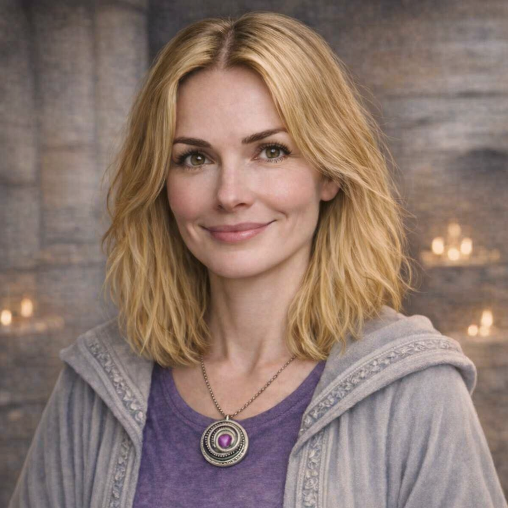 A woman with shoulder-length blonde hair, smiling, wearing a purple top and gray hoodie with embroidered details, and a large circular purple pendant necklace.