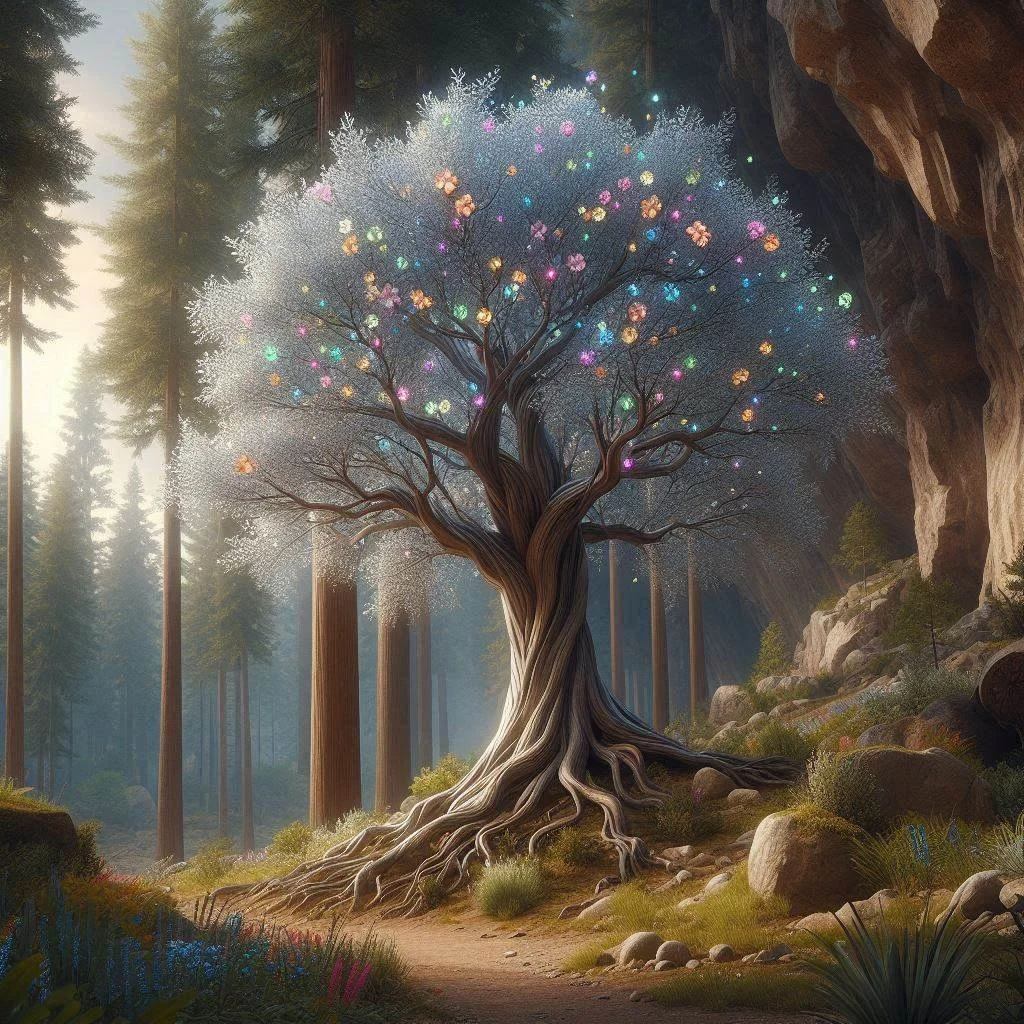 A mystical tree with a glowing, decorated canopy in a forest with tall trees and rocky terrain.