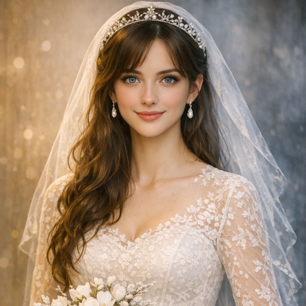 A bride with long brown hair and blue eyes wearing a lace wedding dress, a pearl and rhinestone tiara, and a veil, holding a bouquet of white flowers.