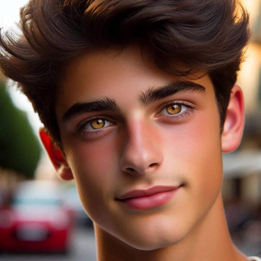 Close-up of a young man with brown hair and hazel eyes, smiling softly outdoors with blurred background.