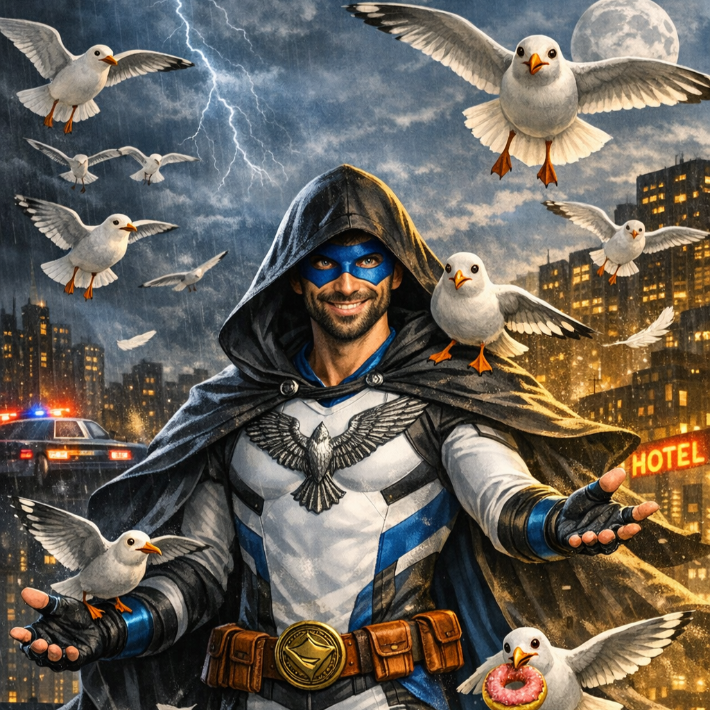 A man dressed as a superhero with a blue mask, black hooded cape, and white costume with a bird emblem, standing in a city at night amidst flying seagulls.